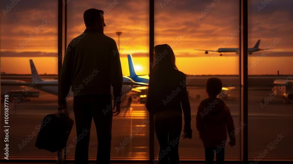 Excited family silhouetted by airport window, watching airplane at sunset, creating memories of childhood adventures and wanderlust Excited family silhouetted by airport window, watching airplane at sunset, creating memories of childhood adventures and wanderlust