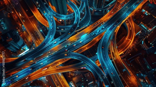 Aerial View of Chaotic Nighttime Highway Traffic