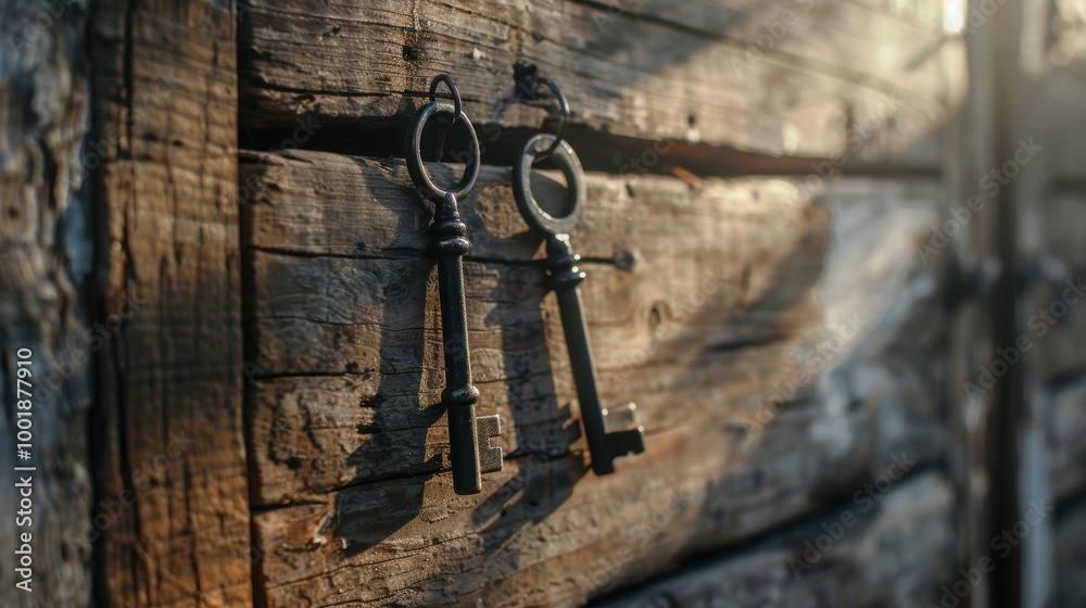 Antique Iron Keys on Rustic Wooden Wall Antique Iron Keys on Rustic Wooden Wall