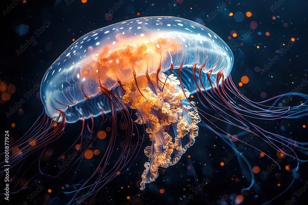 Fototapeta premium Illuminated Jellyfish in Deep Ocean Waters