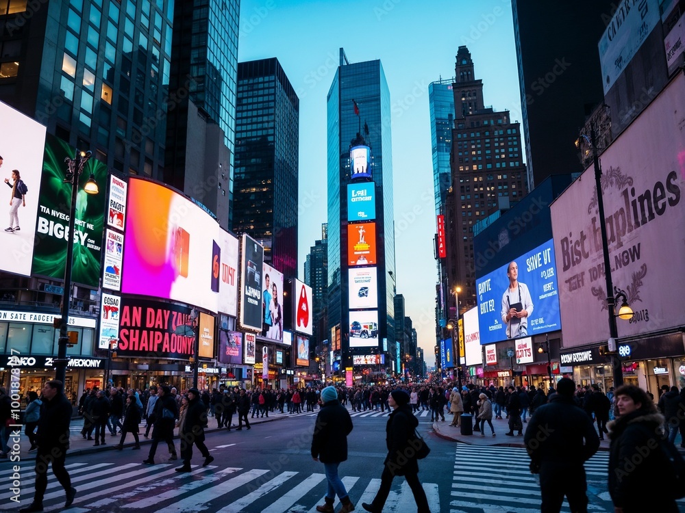 A dynamic image of Times Square at twilight, filled with vibrant billboards, a steady flow of people crossing, and an atmosphere buzzing with life and energy. A dynamic image of Times Square at twilight, filled with vibrant billboards, a steady flow of people crossing, and an atmosphere buzzing with life and energy.