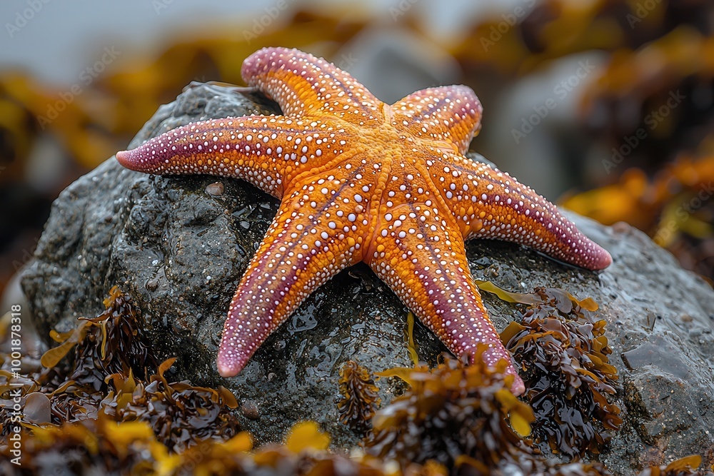 Bright Starfish on Rocky Shore with Seaweed Background Bright Starfish on Rocky Shore with Seaweed Background
