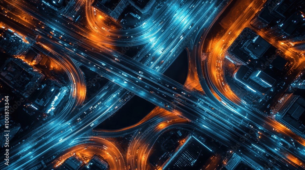 Aerial View of Illuminated Highway Network at Night Aerial View of Illuminated Highway Network at Night