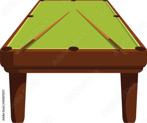 Empty pool table with two cues forming a triangle on its surface, getting ready for a game
