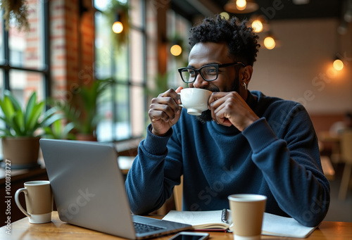 A man drinks coffee while working on his laptop in a cozy café, representing a modern work-from-home or remote work lifestyle, providing a comfortable work environment with plants in the background.