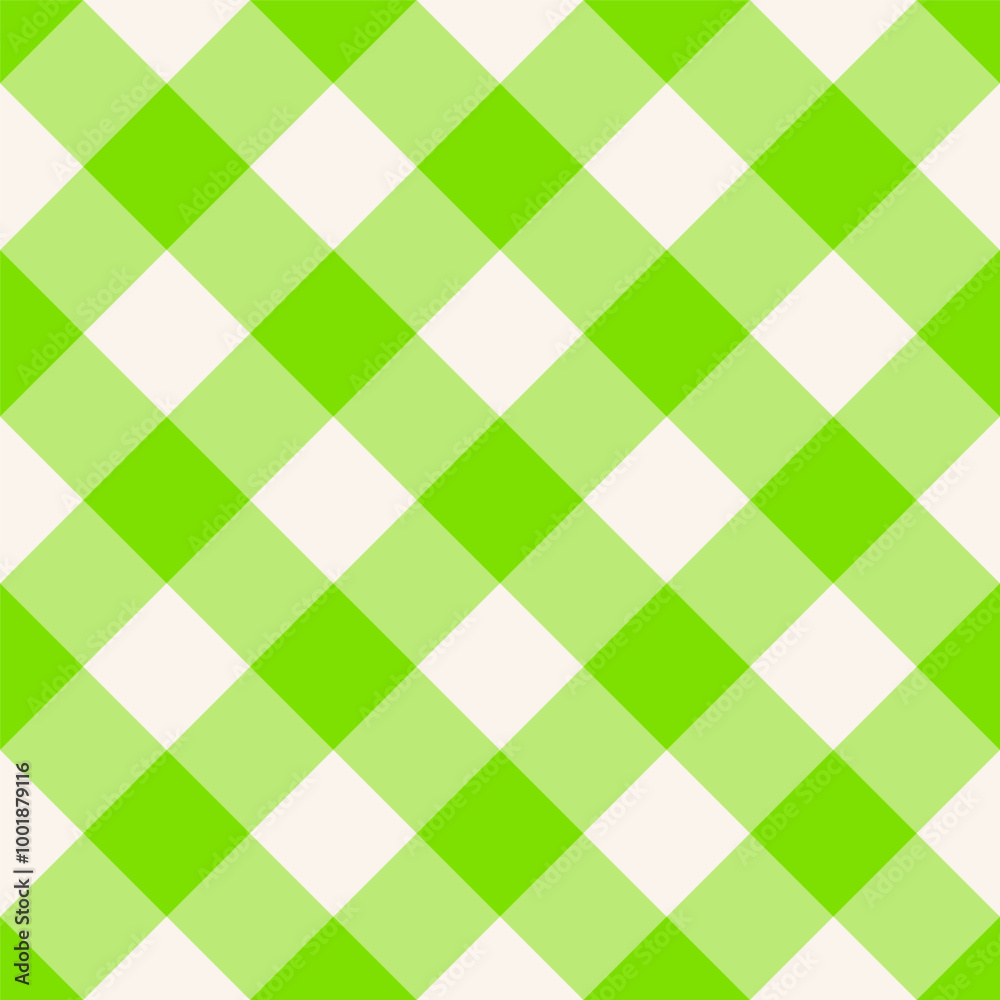 Halloween neon green white diagonal gingham check Vector Pattern. Classic tablecloth gingham plaid checker seamless pattern.