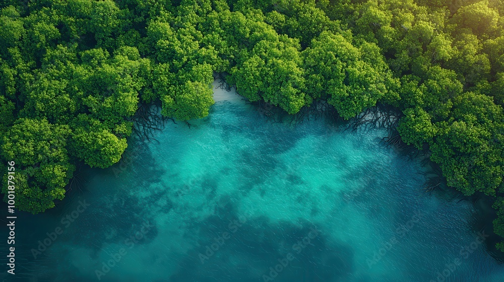Aerial View of Lush Green Forest and Calm Blue Water Aerial View of Lush Green Forest and Calm Blue Water