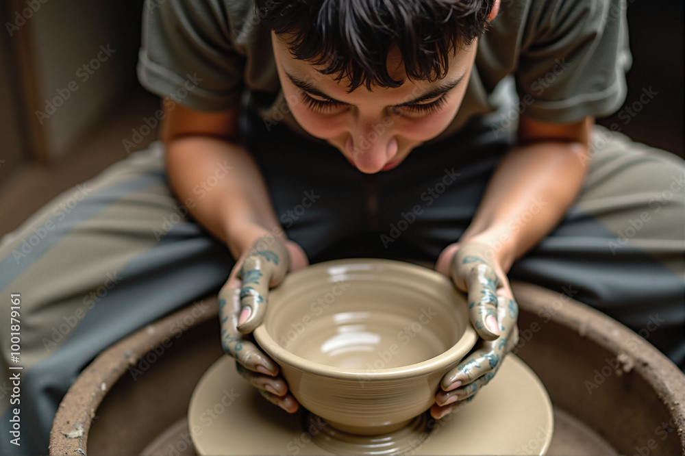 A person is focused on shaping a piece of clay on a pottery wheel in a crafts workshop. The hands of the individual are covered in clay, revealing the tactile and creative process. A person is focused on shaping a piece of clay on a pottery wheel in a crafts workshop. The hands of the individual are covered in clay, revealing the tactile and creative process.