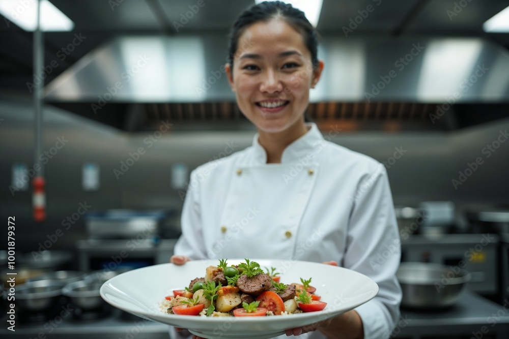 A delighted chef in crisp whites presents a plate with colorful ingredients, reflecting skill and artistry in the culinary world within a professional kitchen setup. A delighted chef in crisp whites presents a plate with colorful ingredients, reflecting skill and artistry in the culinary world within a professional kitchen setup.