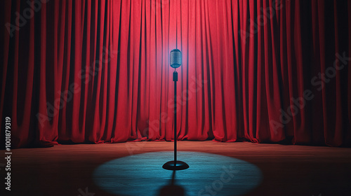 A Spotlight on a Microphone Signifying the Calm Before the Show on an Empty Stage photo