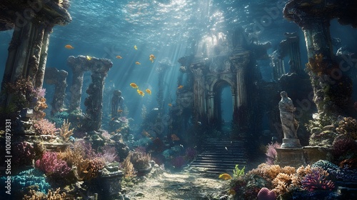 A stunning computer-generated underwater scene depicting a lost ancient city, featuring crumbling stone structures covered in vibrant corals and marine growth. The scene is illuminated by realistic  photo