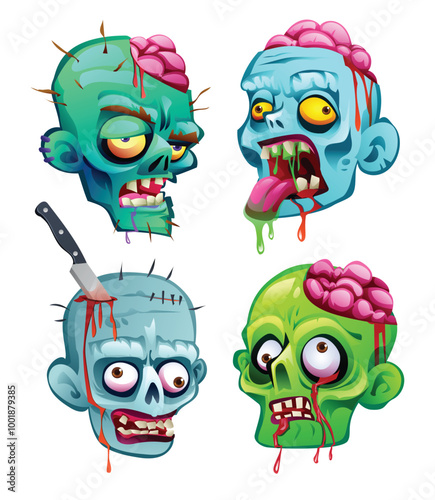 Set of zombie heads with exposed brains and gruesome details. Vector cartoon illustration