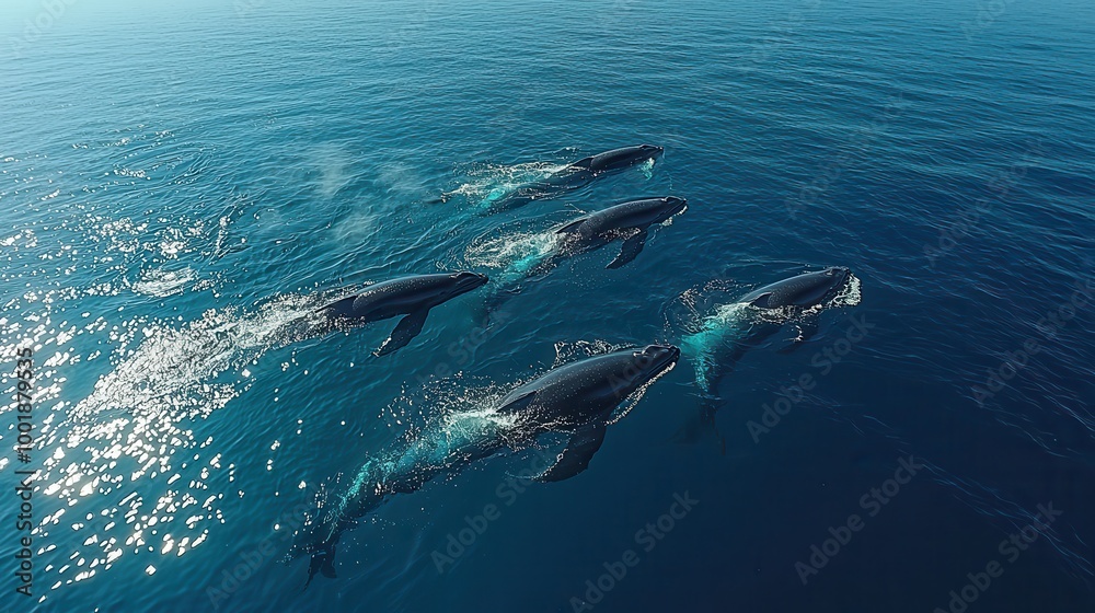 Fototapeta premium Group of Whales Swimming in Clear Blue Ocean Waters