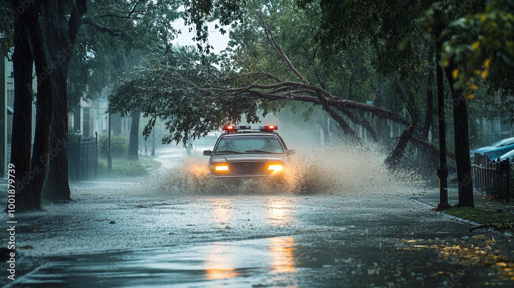 Fototapeta premium A powerful hurricane making landfall, strong winds uprooting trees and heavy rain flooding streets