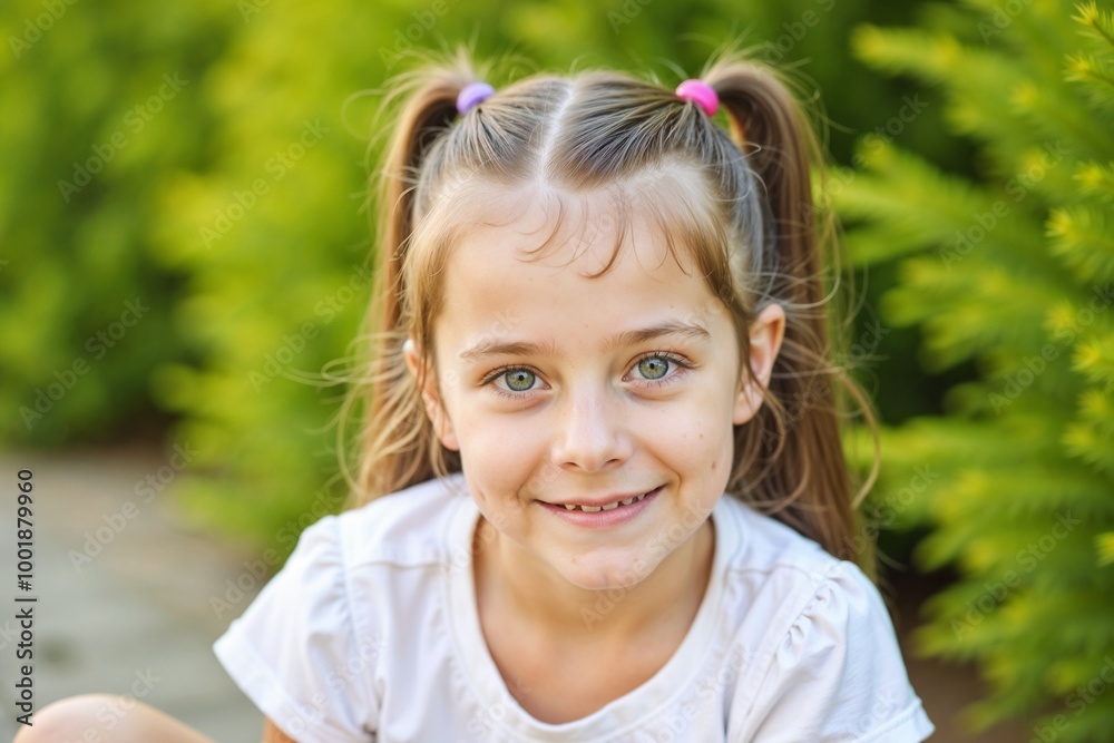 A young child with ponytails is smiling brightly while sitting outdoors, surrounded by greenery, symbolizing happiness, innocence, and childhood joy in nature. A young child with ponytails is smiling brightly while sitting outdoors, surrounded by greenery, symbolizing happiness, innocence, and childhood joy in nature.