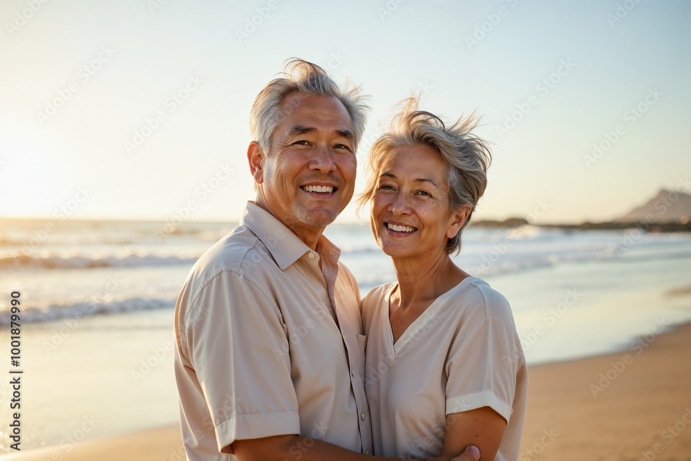 An elderly couple smiles warmly, embracing on a sunny beach at sunset. The serene ocean and gentle waves create a backdrop of tranquility and love. An elderly couple smiles warmly, embracing on a sunny beach at sunset. The serene ocean and gentle waves create a backdrop of tranquility and love.