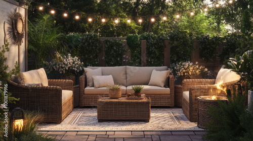 "A beautifully decorated outdoor patio with rattan furniture, string lights, potted plants, soft seating cushions, an outdoor rug, and a fire pit or water feature for a serene retreat."