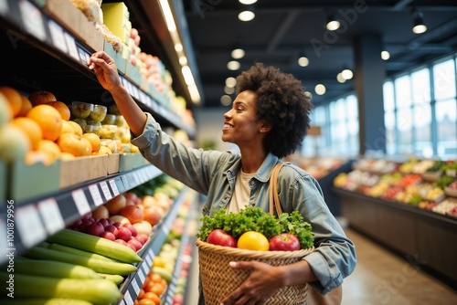 A woman is seen shopping for fresh produce in the grocery store produce aisle, illustrating the everyday activity of selecting healthy and fresh vegetables and fruits.