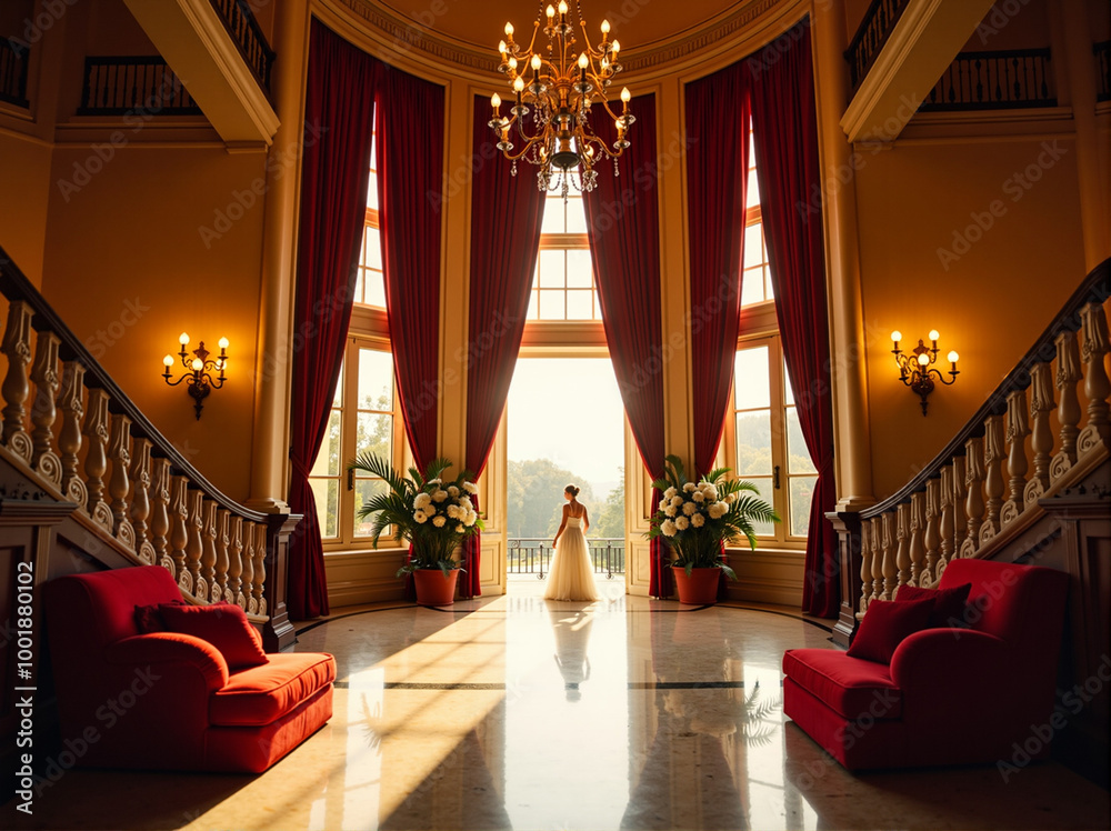 A bride stands in an elegant hallway adorned with red drapes and chandeliers, exuding grandeur and romance, as she gazes out of large windows, encapsulating timeless elegance. A bride stands in an elegant hallway adorned with red drapes and chandeliers, exuding grandeur and romance, as she gazes out of large windows, encapsulating timeless elegance.