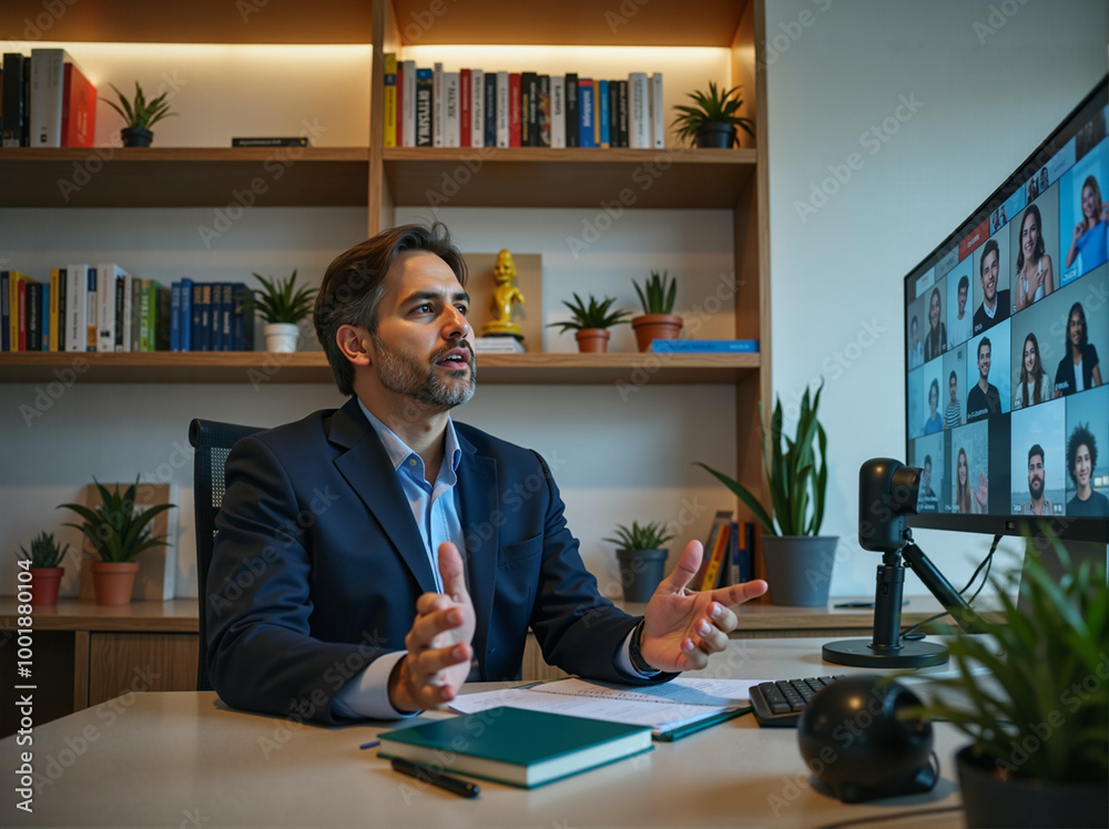 A professional businessman in a suit conducts a video conference from his modern office. Books and plants create a pleasant workspace atmosphere around him. A professional businessman in a suit conducts a video conference from his modern office. Books and plants create a pleasant workspace atmosphere around him.