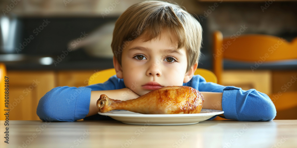 Bored child with his food in front of him, the food is chicken leg