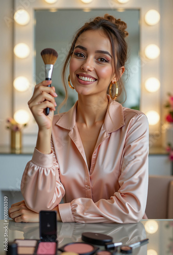 A smiling woman in a satin blouse sits in a beauty studio, holding a makeup brush in hand, surrounded by a range of cosmetics and a mirror with lights.