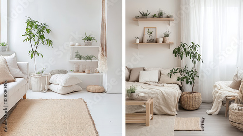 "A bright Scandinavian-style space with natural light, wooden furniture, and a light palette of white, beige, and pastels. Minimalist shelves, cozy throws, and succulents enhance the Nordic simplicity