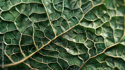 Close-up shot of a green leaf's intricate network of veins