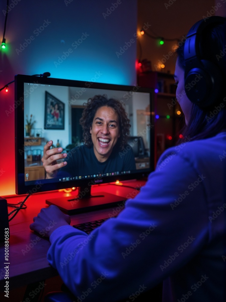 Woman with headphones interacts on a colorful video call at home, connecting socially in the evening, which highlights digital connectivity and communication. Woman with headphones interacts on a colorful video call at home, connecting socially in the evening, which highlights digital connectivity and communication.