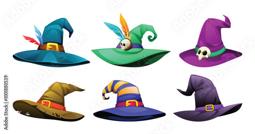 Set of witch hats in various colors and styles, with detailed designs. Vector cartoon illustration