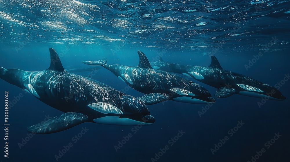 Fototapeta premium Majestic Orcas Swimming in Ocean Depths