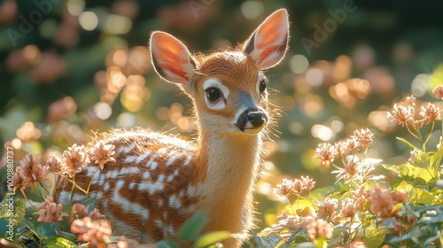 Wallpaper Mural A young fawn cautiously exploring a field of blooming flowers during a sunny afternoon in a lush forest setting Torontodigital.ca