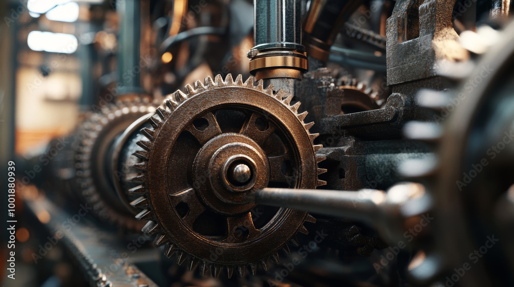 Show a dynamic scene of gears in motion within a machine, such as a factory assembly line, a vintage engine, or an industrial press. Show a dynamic scene of gears in motion within a machine, such as a factory assembly line, a vintage engine, or an industrial press.
