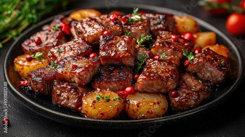 Savory grilled beef cubes garnished with herbs and pomegranate, served with roasted potatoes at a festive gathering