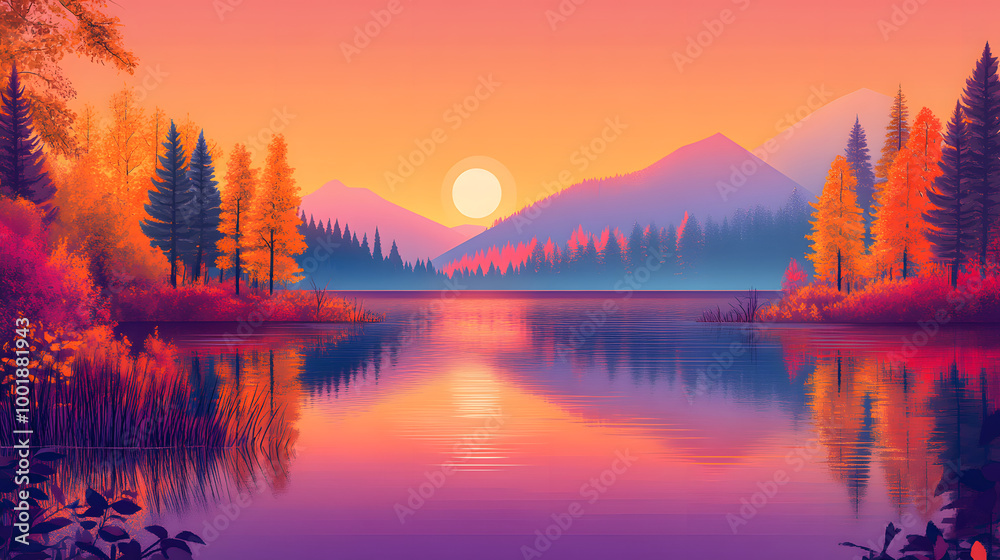 Obraz premium Vibrant Autumn Sunset Over Calm Lake