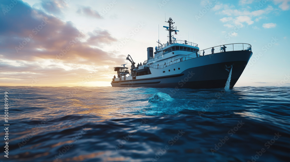 Show a research ship at sea with scientists discovering a new species or geological formation, featuring sonar, submersibles, and nets retrieving rare ocean samples. Show a research ship at sea with scientists discovering a new species or geological formation, featuring sonar, submersibles, and nets retrieving rare ocean samples.