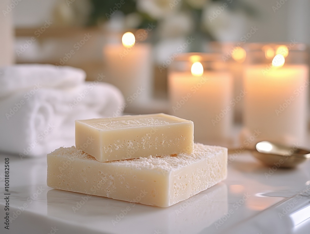 Cozy Spa Setting with Olive Natural Soap and Candles Cozy Spa Setting with Olive Natural Soap and Candles