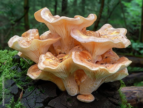 Close-Up of Delicate Orange Mushrooms Growing on a Forest Log