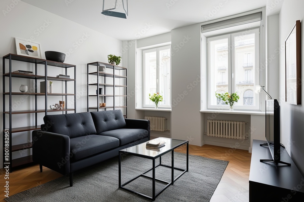 Modern Open-Concept Studio Featuring Charcoal Black Sofa Versatile Shelving Unit and Bright Window Design Modern Open-Concept Studio Featuring Charcoal Black Sofa Versatile Shelving Unit and Bright Window Design