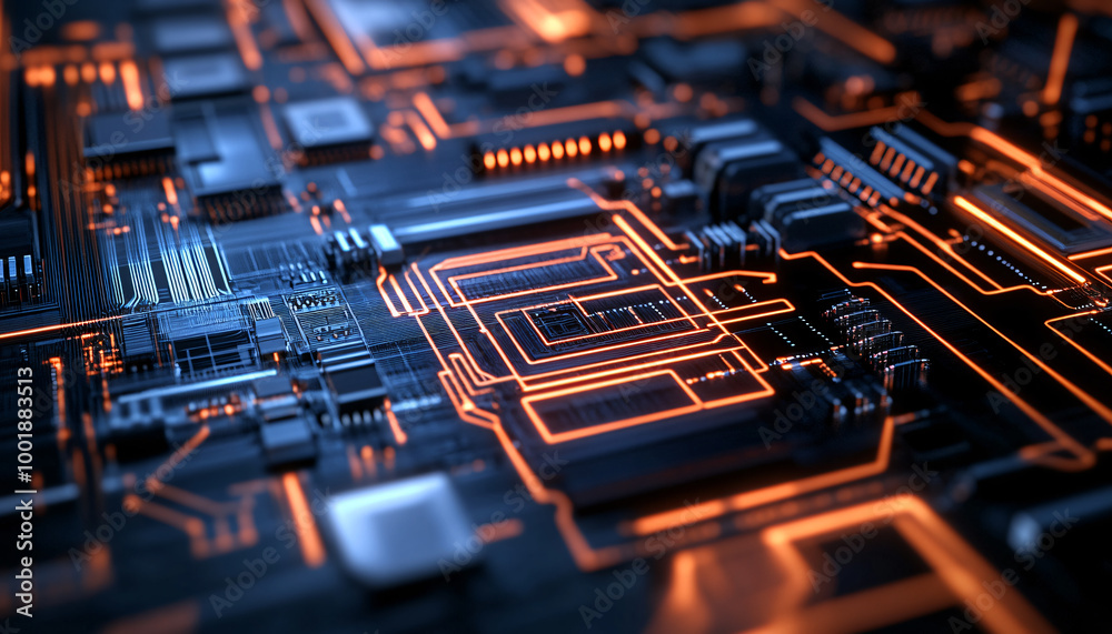 A close-up of a futuristic circuit board with glowing lines and components, evoking high-tech and digital precision
