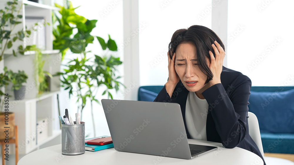 オフィスでノートパソコンを見て悩む女性ビジネスパーソン