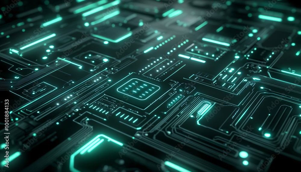 A close-up of a futuristic circuit board with glowing lines and components, evoking high-tech and digital precision A close-up of a futuristic circuit board with glowing lines and components, evoking high-tech and digital precision