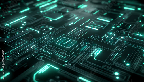 A close-up of a futuristic circuit board with glowing lines and components, evoking high-tech and digital precision