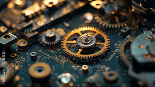 Show the inner workings of a complex piece of technology, such as the circuit board of a computer or the gears of a clock.  photo