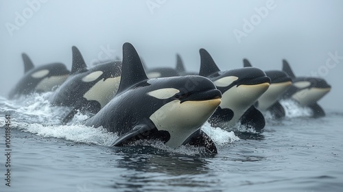 Group of orcas swimming in foggy ocean waters photo