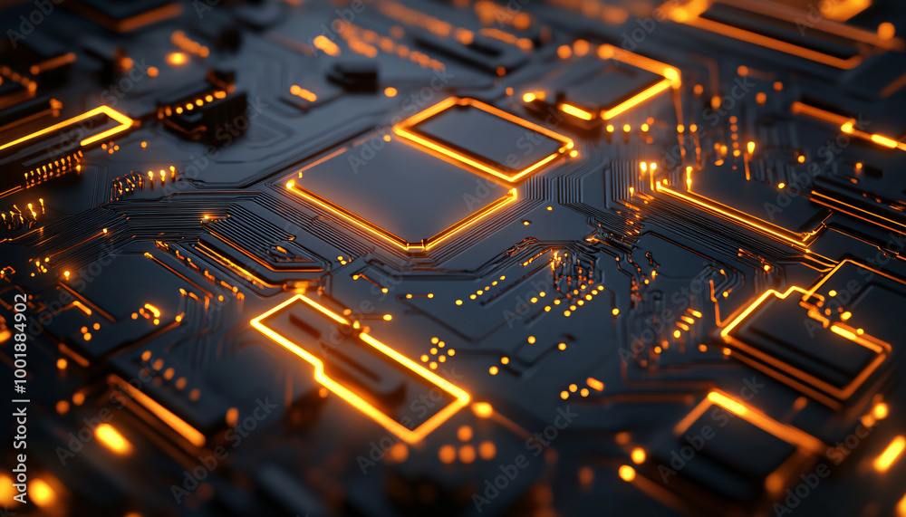 Obraz premium A close-up of a futuristic circuit board with glowing lines and components, evoking high-tech and digital precision
