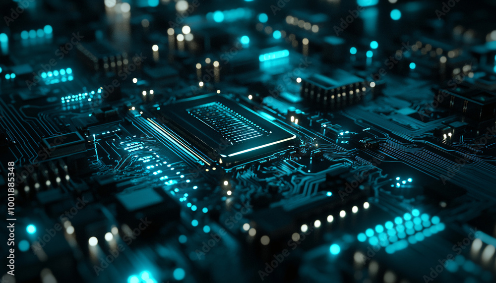 A close-up of a futuristic circuit board with glowing lines and components, evoking high-tech and digital precision A close-up of a futuristic circuit board with glowing lines and components, evoking high-tech and digital precision