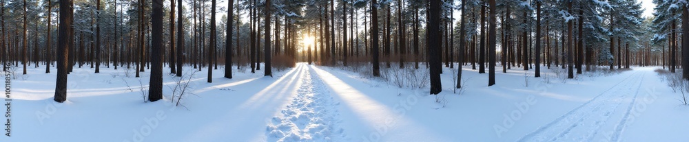 Naklejka premium 360 degree, snow covered path through forest with trees draped in snow. HDRI spherical panorama.