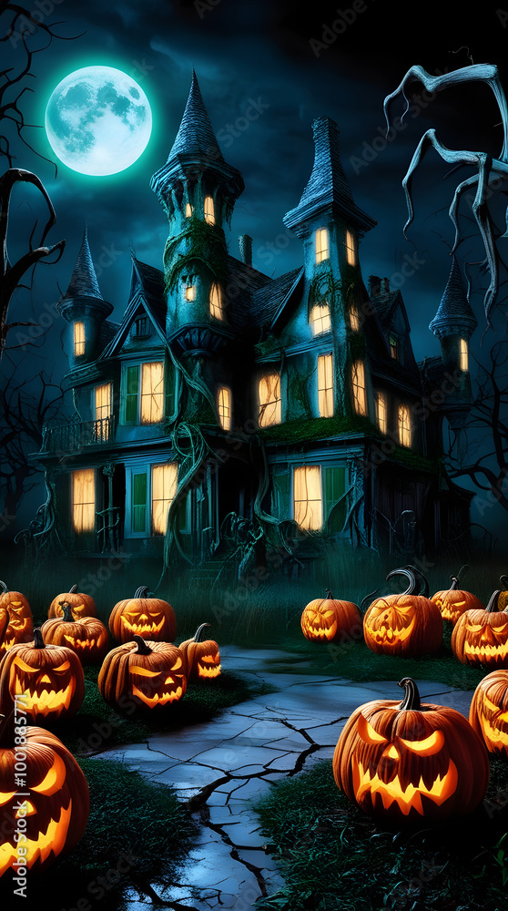 Fototapeta premium Spooky Halloween Scene with Creepy Pumpkins, Haunted Mansion, and Full Moon, Perfect for Horror-Themed Backgrounds, Scary Events, or Halloween Party Invitations