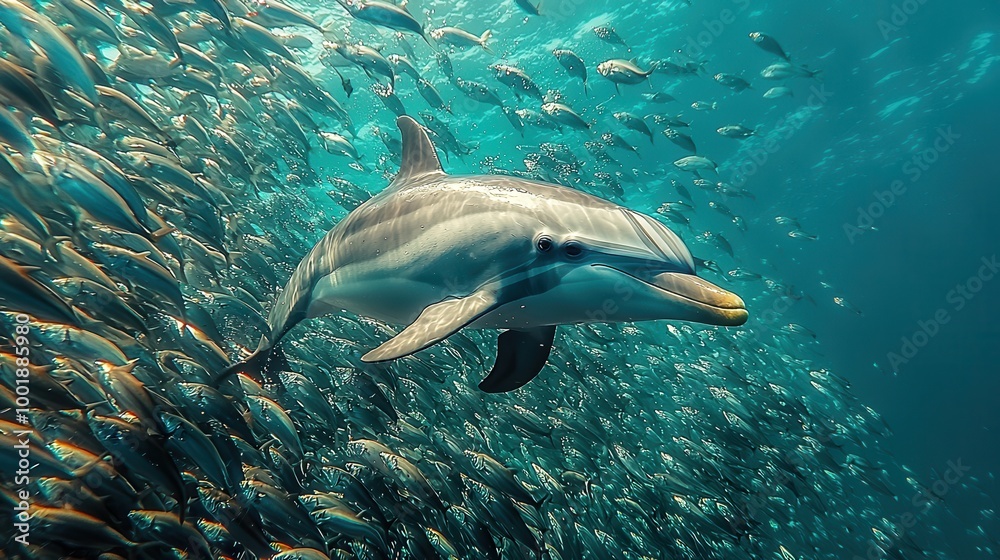 Fototapeta premium Dolphin Swimming Among a School of Fish Underwater